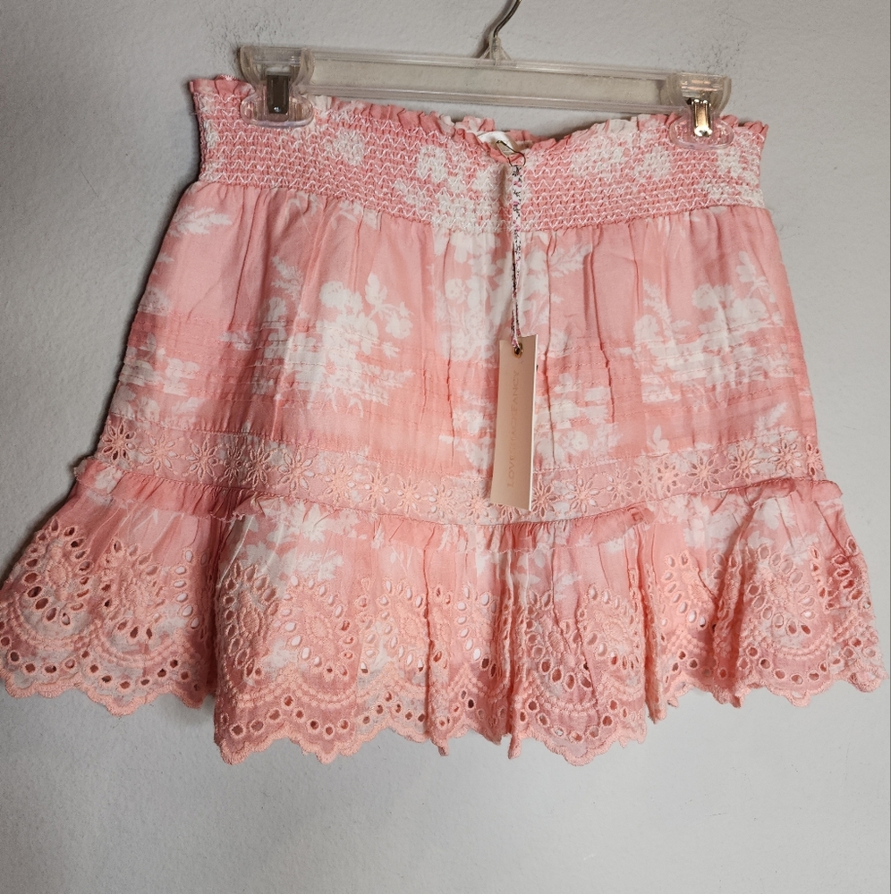 NWT LoveShackFancy‎ Jimena Mini Skirt Coral Romance Smocked Stretch Size Large